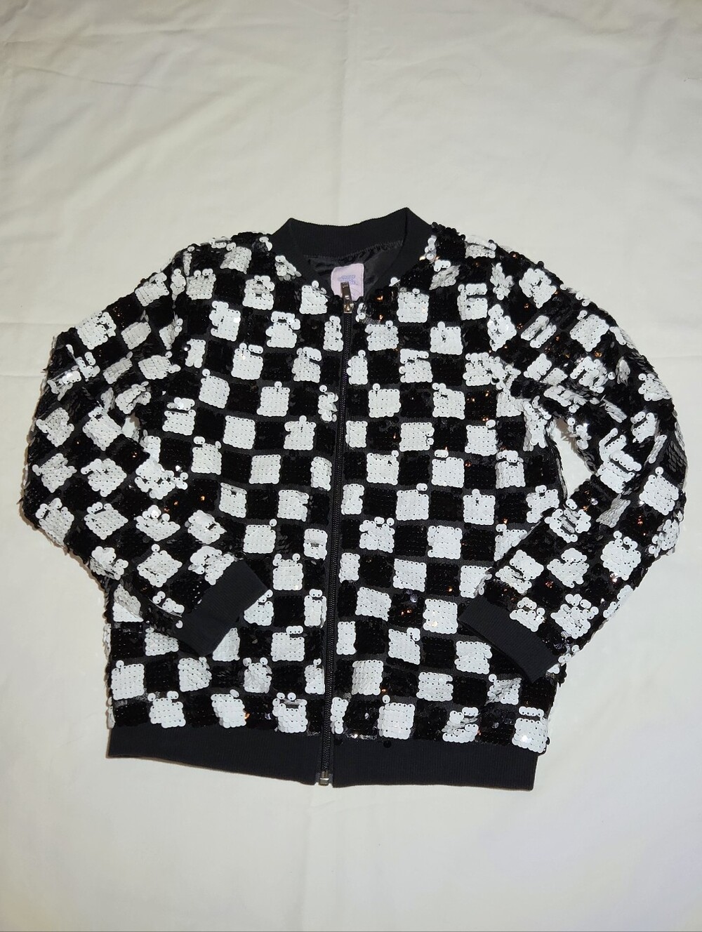 More Than Magic Girls' Black & White Sequin Checker Bomber Jacket - Size M (7/8)